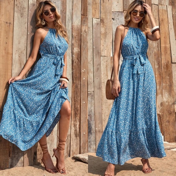 Boho floral print maxi dress halter ruffle blue - Picture 3 of 5